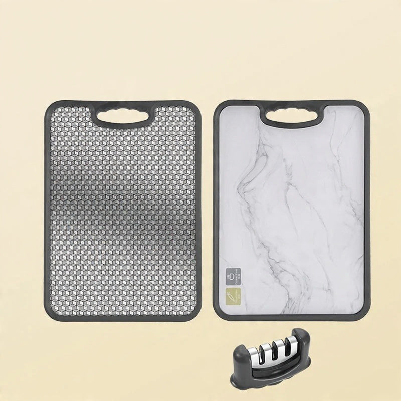 Vendbart skærebrætsæt i stål og marmor 